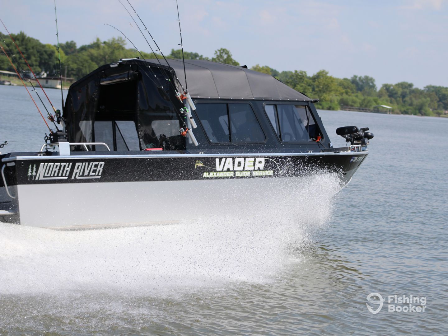 Vader, Alexander Guide Service’s North River boat, cruising across Grand Lake